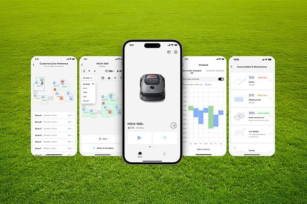 Obrázek ukazuje rozhraní mobilní aplikace MOVA, pomocí které lze přizpůsobit činnosti robota.